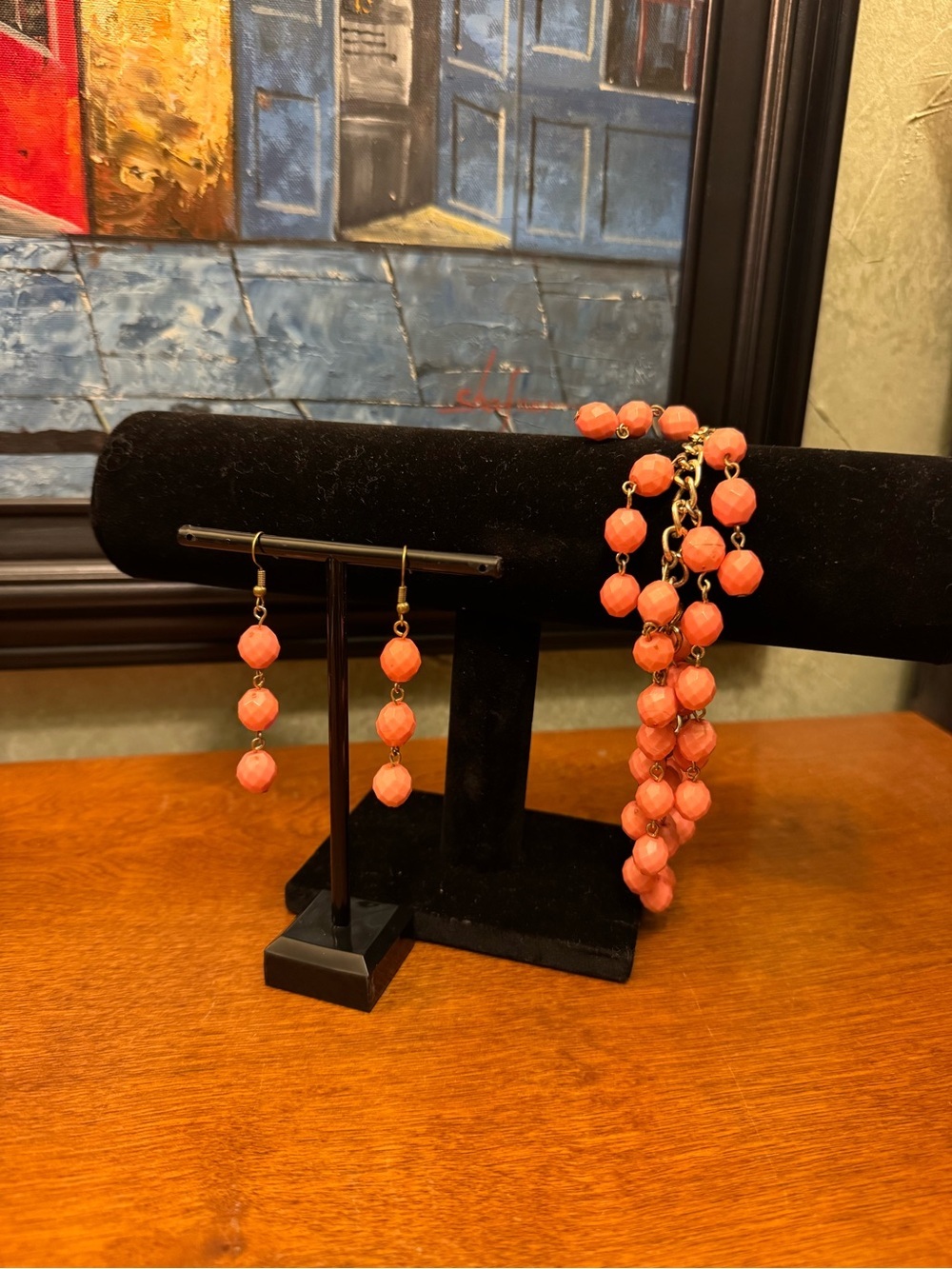 Coral Plastic Bead Statement Bracelet and Earrings Set - Picture 8 of 8